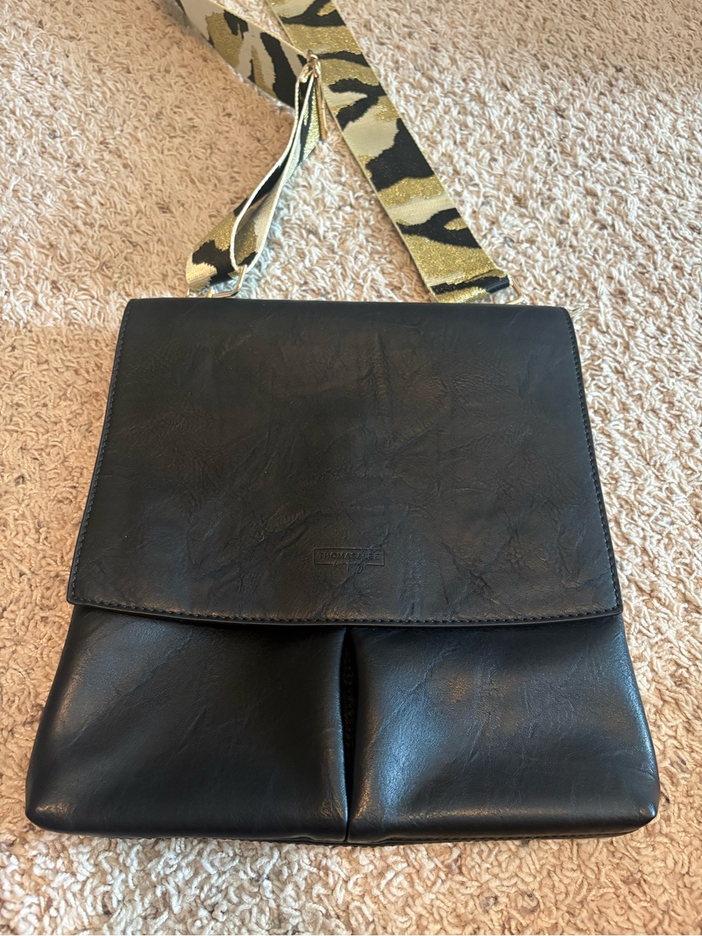 Black Crossbody Bag with Patterned Strap